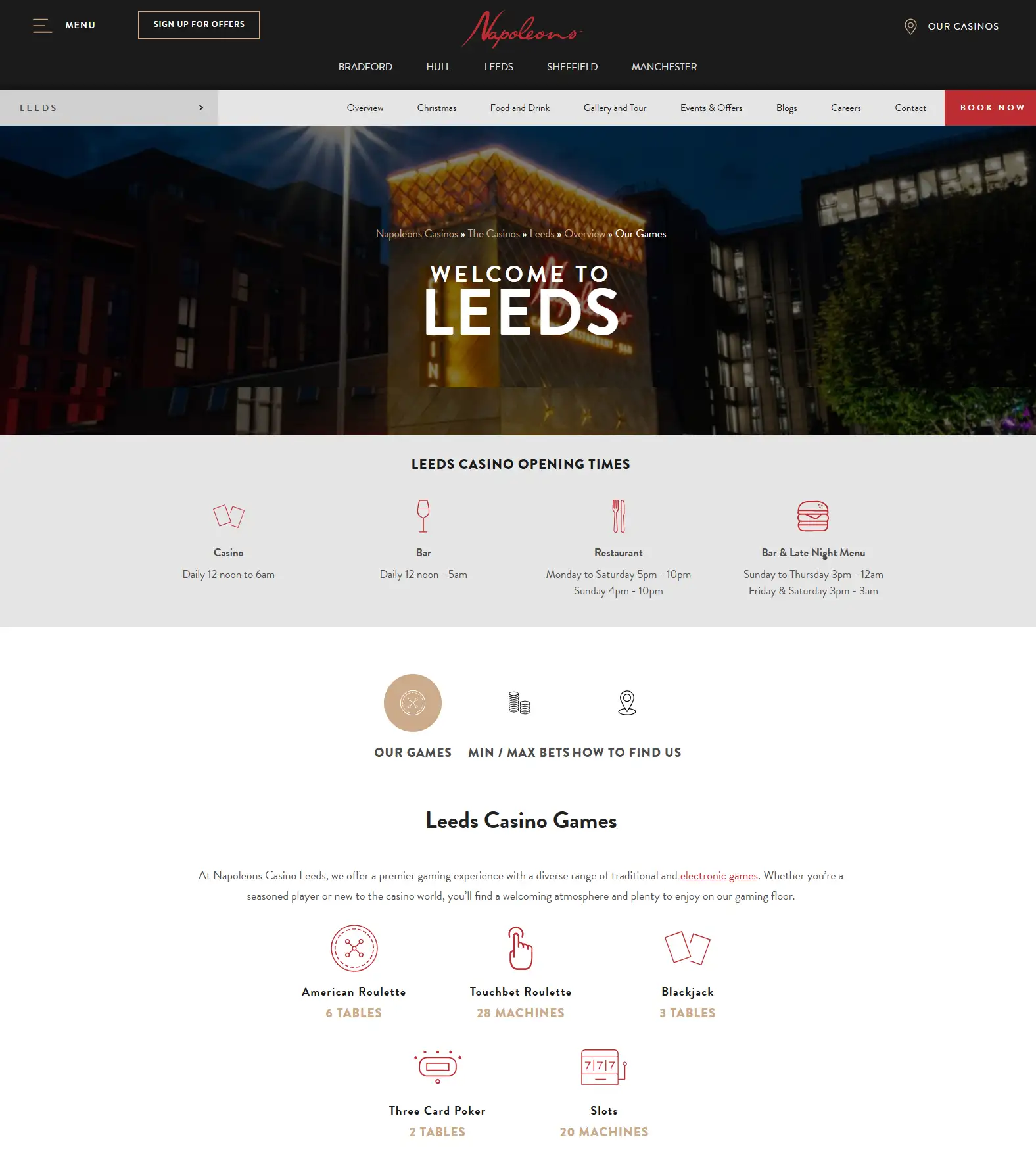 Official Napoleons Leeds games page with published casino games