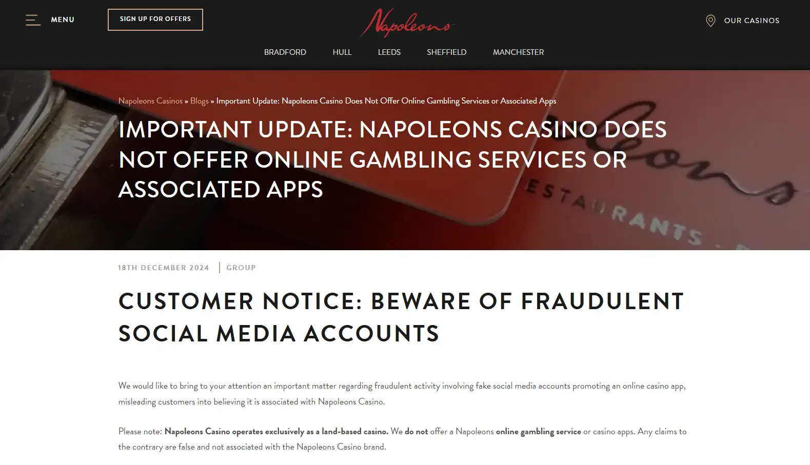 Official Napoleons notice about the brand's land-based-only status